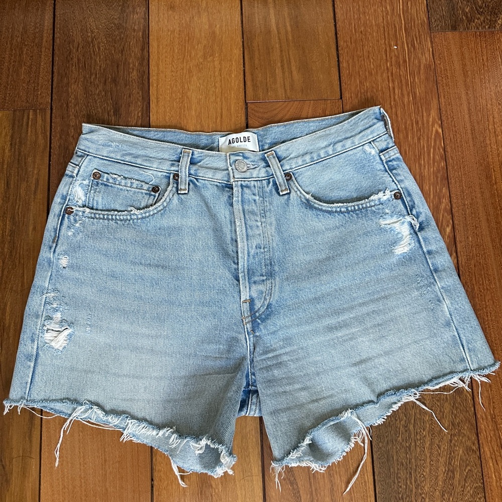 Agolde Parker Long Distressed Light Blue Jean Shorts